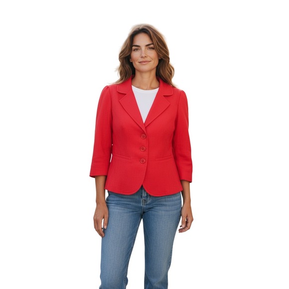 Zara Woman Jackets & Blazers - Zara Woman Red Textured 3/4 Sleeve‎ Blazer Jacket Button Front Peplum size 8